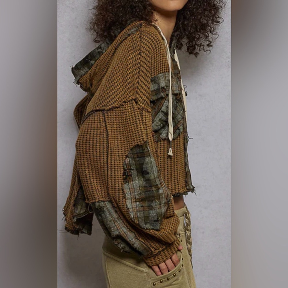 POL Brown Waffle-Knit Patchwork Cropped Hoodie NWT - image 1